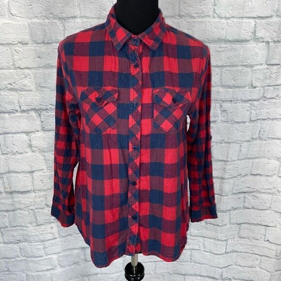Passport 100% cotton plaid button down Longsleeve top red/navy blue sz Med women - Picture 1 of 10